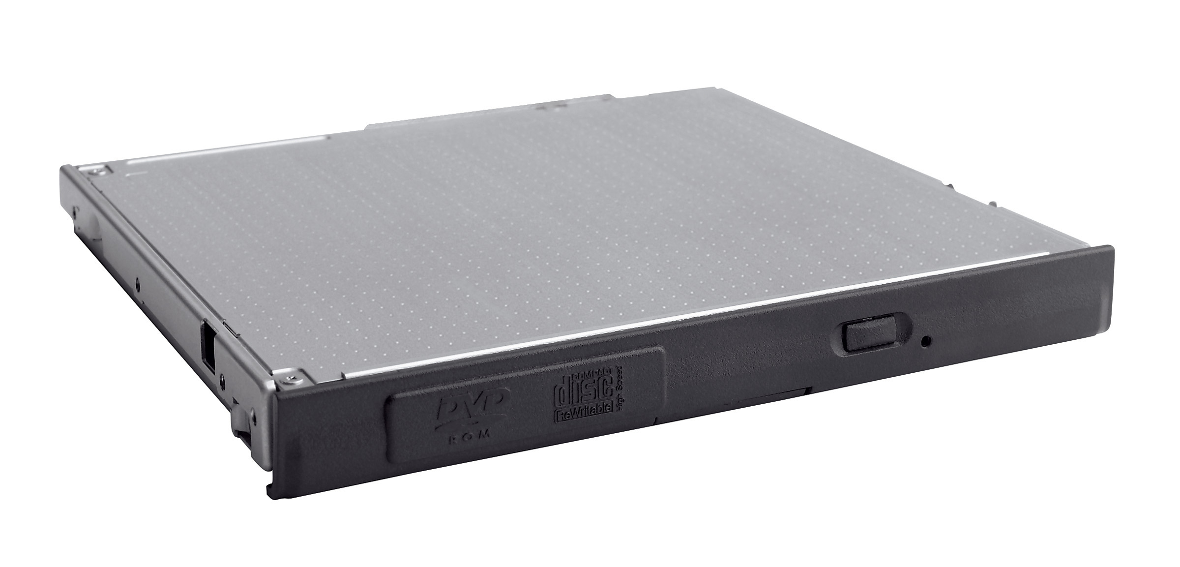 HPE 24X 68Pin Carbon Slimline CD Drive features a sleek black plastic casing with a textured surface, a slim profile, and a front button for disc access.