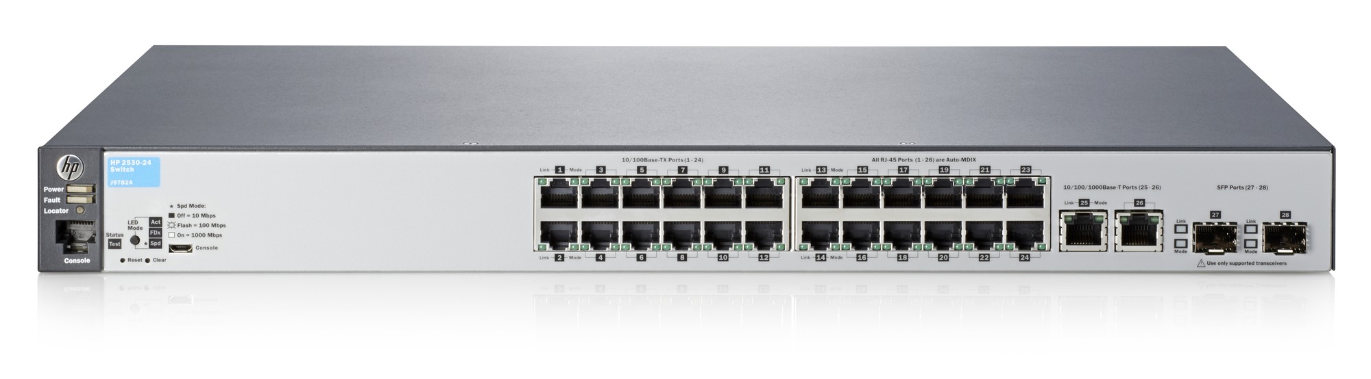 HPE 2530-24 Switch in a sleek gray and white design, featuring 24 Ethernet ports, LED indicators, and a compact form factor for efficient network management.