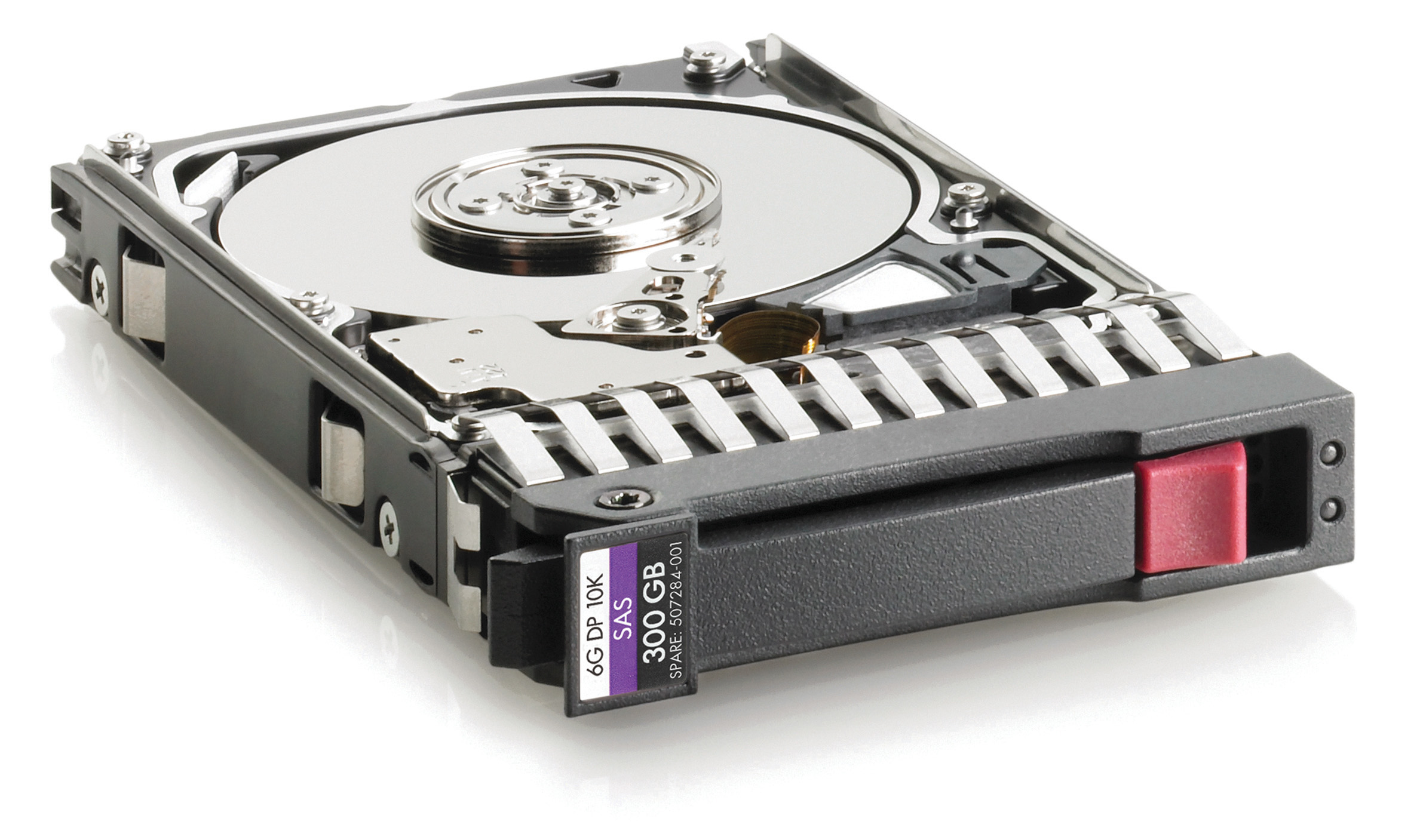 HPE 300GB SAS internal hard drive featuring a sleek black metal casing, silver disk, and a red latch, designed for 10,000 RPM performance in a compact 2.5-inch format.