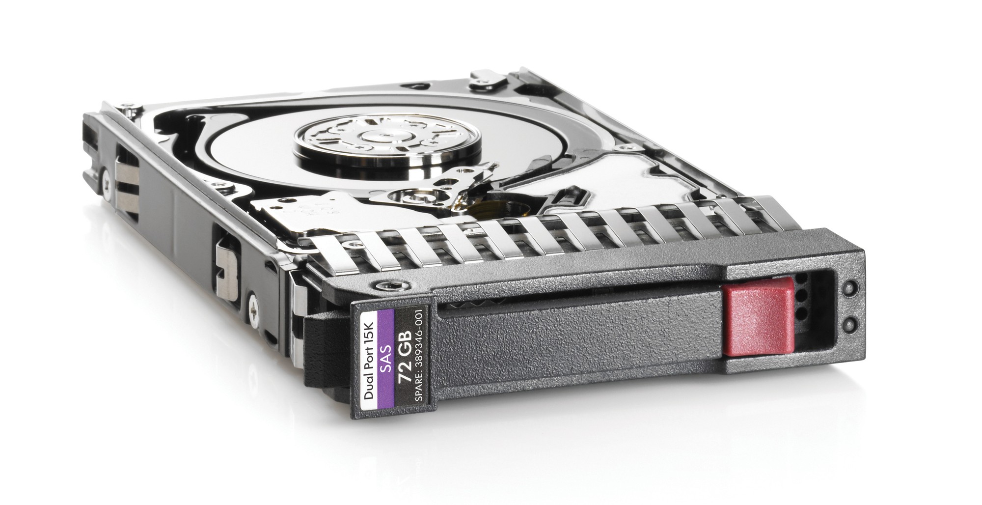 HPE 300GB SAS internal hard drive featuring a sleek black metal casing, 15,000 RPM speed, and a red latch for secure installation, designed for high-performance storage solutions.