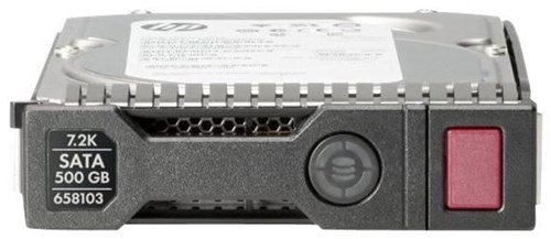 HPE 500GB SATA internal hard drive features a silver metal casing, a black front panel with a red button, and ventilation slots, designed for 3.5" Serial ATA III connections at 7200 RPM.