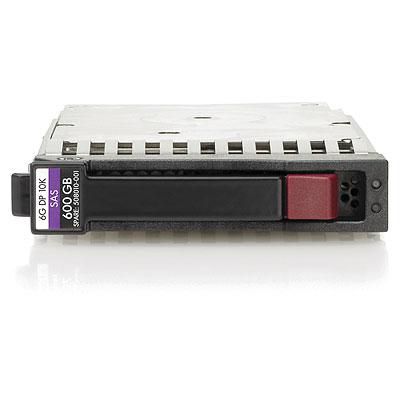 HPE 600GB 6G SAS hard drive with a black metal casing, featuring a red latch and a label indicating 10K RPM and 600GB storage capacity.