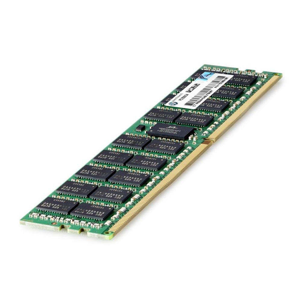 HPE 64GB DDR4 memory module in green PCB with gold connectors, featuring 16 black memory chips arranged in two rows, labeled with specifications and a barcode.
