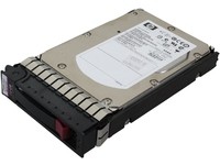 HPE 72GB SAS internal hard drive with a silver metal casing, featuring a black plastic handle and label detailing specifications, designed for 15,000 RPM performance in a 3.5" form factor.