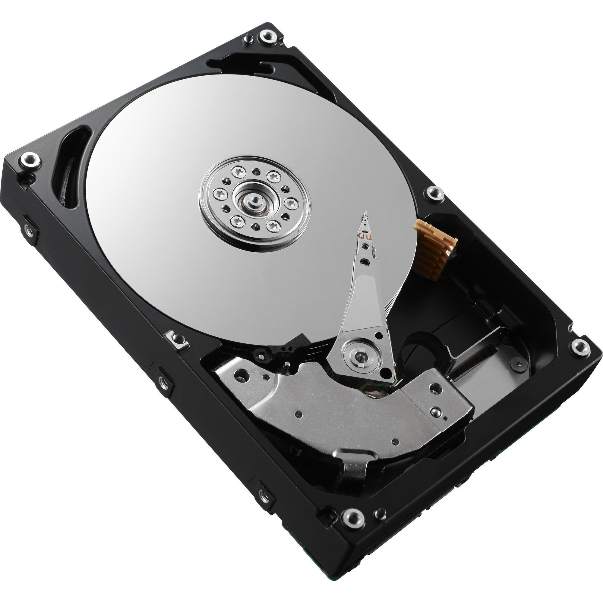 Internal hard drive featuring a sleek black casing, a shiny silver platter, and metal components, labeled as HPE 739711-001, with a capacity of 2 TB and 7200 RPM speed.