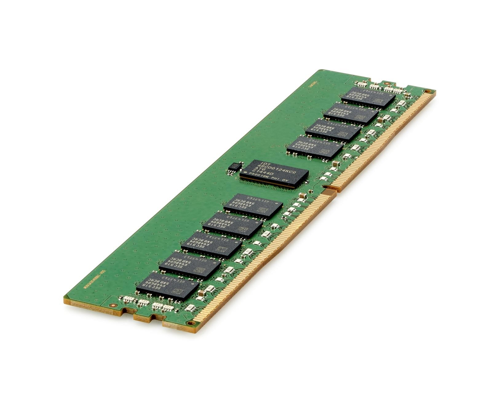 HPE 805351-S21 memory module featuring a green PCB with eight black memory chips, gold connectors, and labeled with "32 GB DDR4 ECC" for enhanced data integrity.