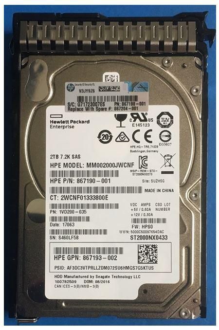 HPE 867204-001 internal hard drive with a silver metal casing, 2 TB capacity, 7200 RPM speed, and 2.5" SAS interface, featuring a label with technical specifications.