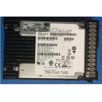 HPE 872509-001 internal solid state drive, 2.5 inches, 1.6 TB capacity, featuring a black metal casing with a label detailing specifications and connectors on one side.