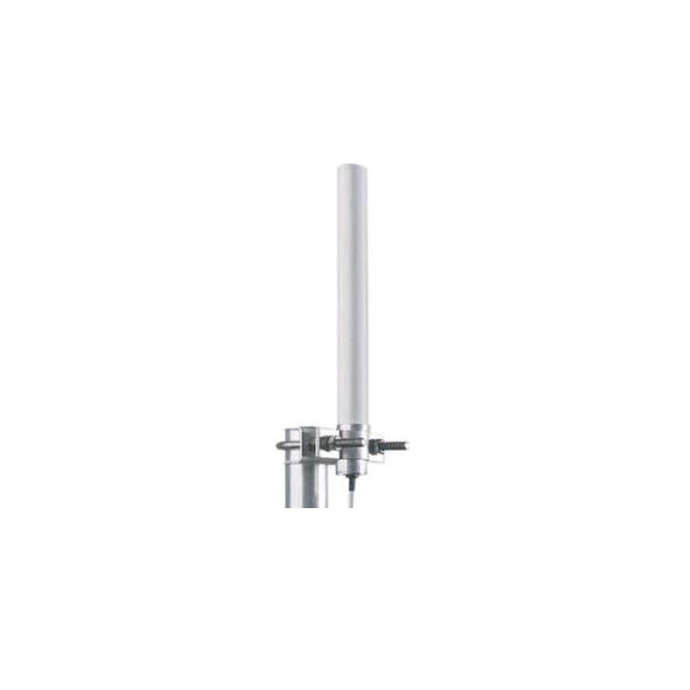 Omni-directional network antenna with a sleek white cylindrical design, featuring an RP-SMA connector and a 6 dBi gain, mounted on a metallic bracket.