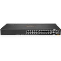 Black HPE Aruba 6200M switch with 24 Ethernet ports, rack-mountable design, and management interface on front panel.
