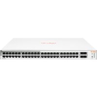 White HPE Aruba 48-port Gigabit PoE+ switch with SFP, rack-mountable, sleek design, front-facing ports.
