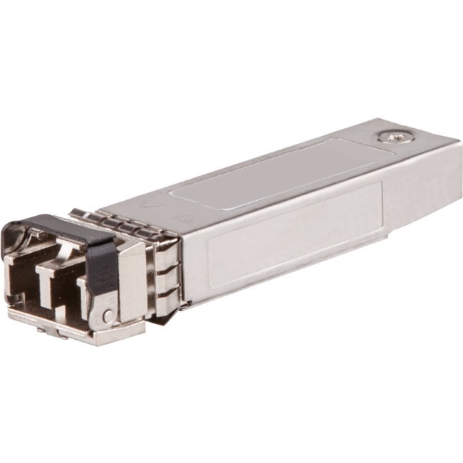HPE 10G SFP+ LC SR transceiver with a sleek silver metal casing, featuring an LC connector for multimode fiber, designed for high-speed data networking up to 300m.