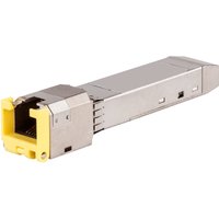 Silver HPE Aruba 10GBASE-T SFP+ transceiver with yellow RJ45 connector and metal casing.