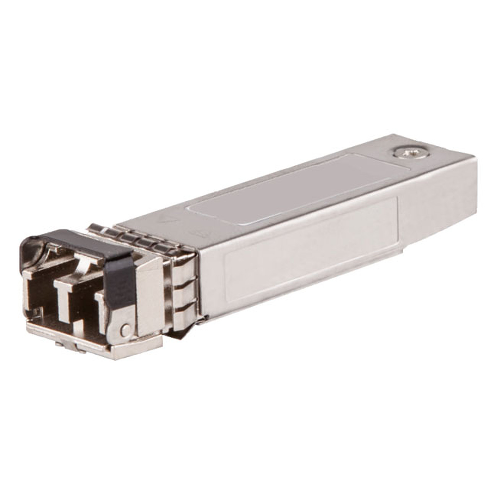 HPE 1G SFP LC SX transceiver in silver metal housing, featuring a single LC connector, designed for 500m OM2 multimode fiber applications in data networking.