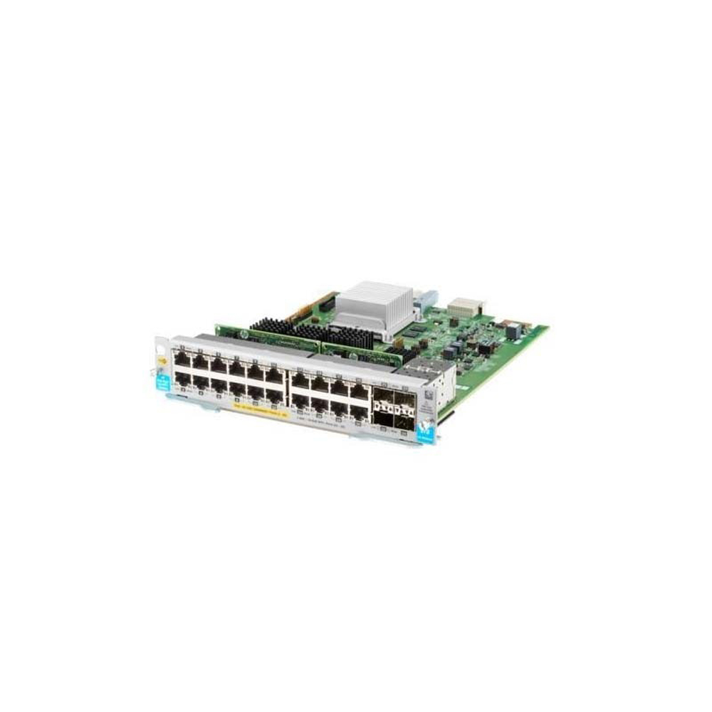 Green circuit board featuring a 20-port 10/100/1000BASE-T PoE+ module with 20 RJ-45 ports and 4 SFP+ slots, designed for data and optical networking.