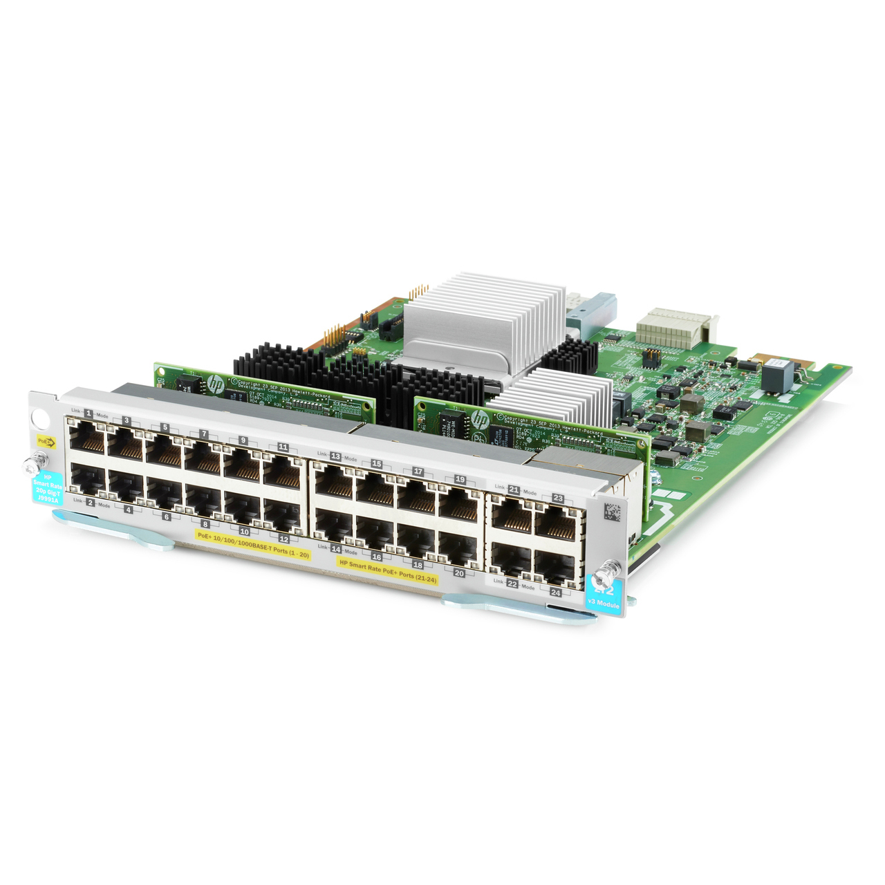 HPE Aruba Networking module featuring a green circuit board with a silver heatsink, eight Ethernet ports, and various electronic components for network connectivity.