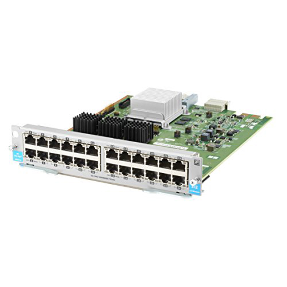 HPE 24-port 10/100/1000BASE-T MACsec V3 Zl2 Module featuring a green circuit board with metal heat sink and 24 Ethernet ports in a silver metal housing.