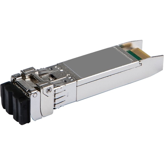 HPE 25G SFP28 transceiver in silver metal casing, featuring an LC connector on one end and gold-plated pins for optical fiber connections, designed for high-speed data networking.