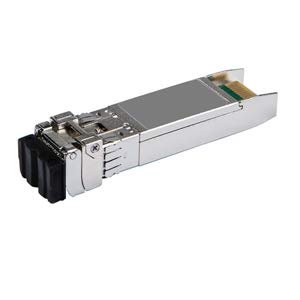 Silver metal 25G SFP28 transceiver with dual LC connectors, designed for long-range 10km connectivity, featuring a compact, streamlined design for efficient network performance.