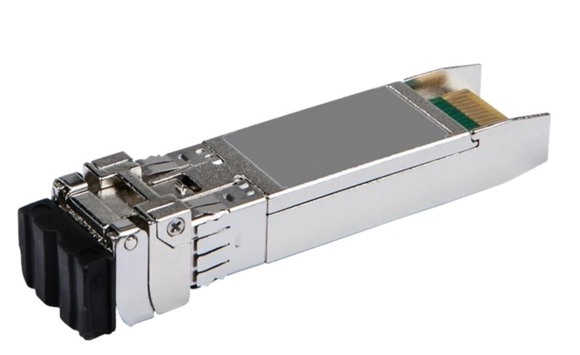 Silver metal transceiver with a rectangular body, featuring a black plastic latch and a green and gold connector at one end, designed for 25G SFP28 LC SR connections.