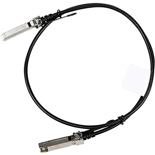 Black 3-meter direct attach cable featuring two SFP28 connectors, designed for high-speed 25G data transmission, with metal housing and secure locking mechanism.
