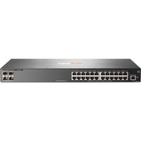 Black HPE Aruba Networking 2930F switch with 24 Ethernet ports and 4 SFP+ slots on front panel.