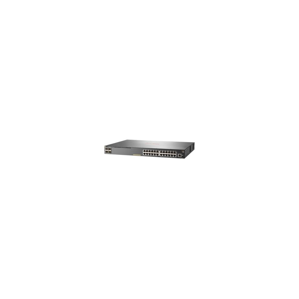 Black metal network switch with 24 Gigabit Ethernet ports, 4 SFP+ ports, and LED indicators, designed for Power over Ethernet (PoE+) functionality.