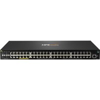 Black HPE Aruba 2930F switch with 48 PoE+ ports, 4 SFP+ slots, and 740W power capacity.
