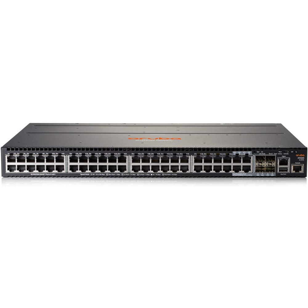 HPE 2930M switch in black metal housing features 48 Ethernet ports, a single slot for expansion, and supports Layer 2 networking functionalities.
