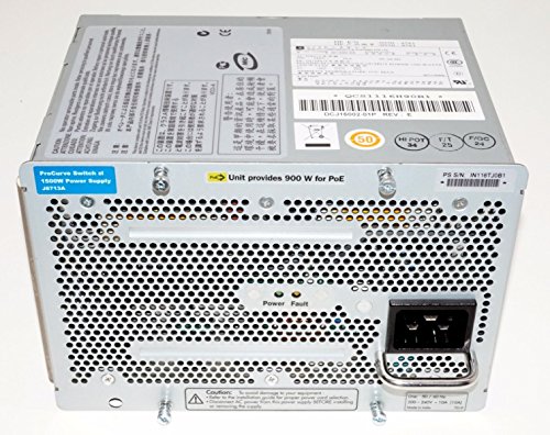 HPE Aruba Networking 5400R power supply in silver metal casing, featuring ventilation holes, a power input port, and labels detailing specifications and safety information.