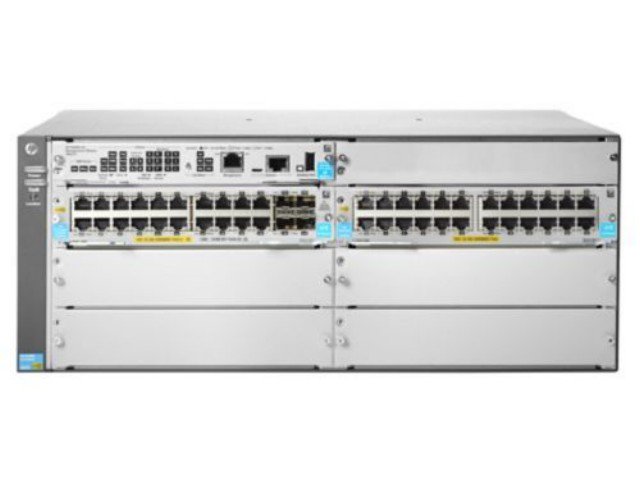 Aruba HPE 5406R switch in a silver metal chassis, featuring 44 Gigabit Ethernet ports, 4 SFP+ slots, and various management interfaces on the front panel.