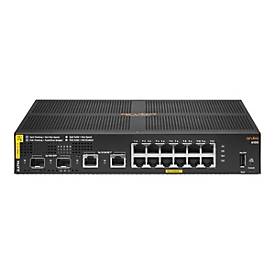 Black managed switch with 12 Gigabit Ethernet ports, 2 SFP+ slots, and a power input, featuring a sleek design and ventilation slots for cooling.