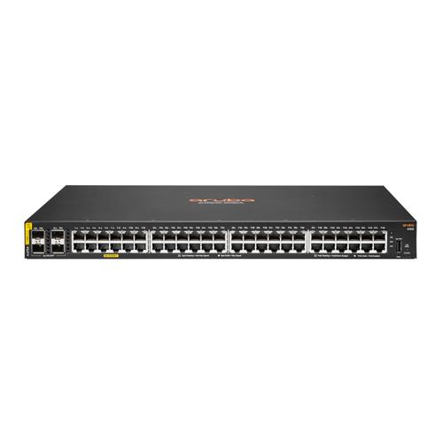 Black Hewlett Packard JL675A Aruba 6100 switch featuring 48 Gigabit Ethernet ports and 4 SFP+ slots, with a sleek metal casing and clear labeling for connectivity.