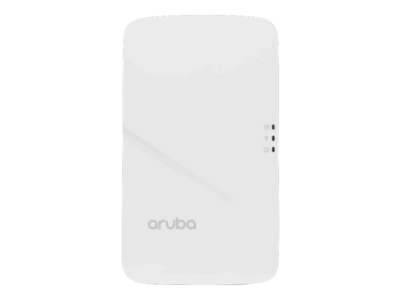 White HPE Aruba Networking AP-303HR access point with a sleek design, featuring indicator lights and the "aruba" logo, designed for Power Over Ethernet (PoE) connectivity.