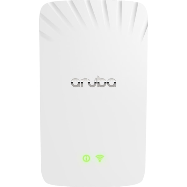 White HPE Aruba AP-503H RW Unified Hospitality access point with a sleek design, featuring a prominent Aruba logo and LED indicators for power and Wi-Fi connectivity.