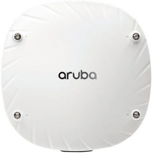 White dual-radio access point with a sleek, rounded design, featuring four mounting screws and the "aruba" logo prominently displayed in the center.