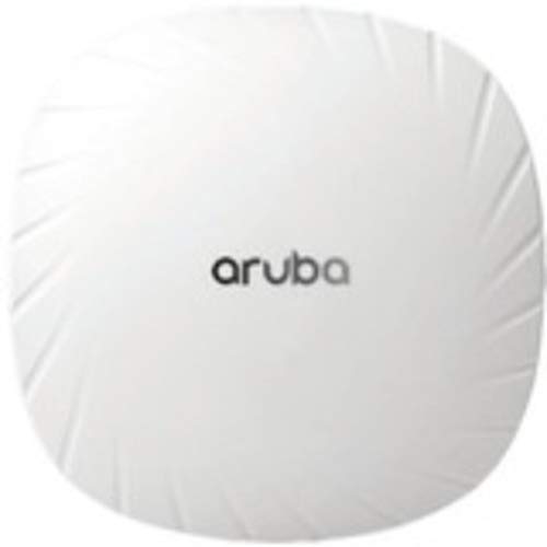 White, square-shaped wireless access point with a smooth surface, featuring the "aruba" logo prominently displayed in the center.