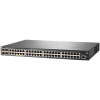 Black HPE Aruba 2930F 48-port PoE+ switch with 4 SFP slots, rack-mountable design, and LED indicators.