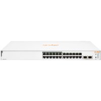 White HPE Aruba network switch with 24 Ethernet ports, 12 PoE ports, and 2 SFP slots, featuring orange branding.