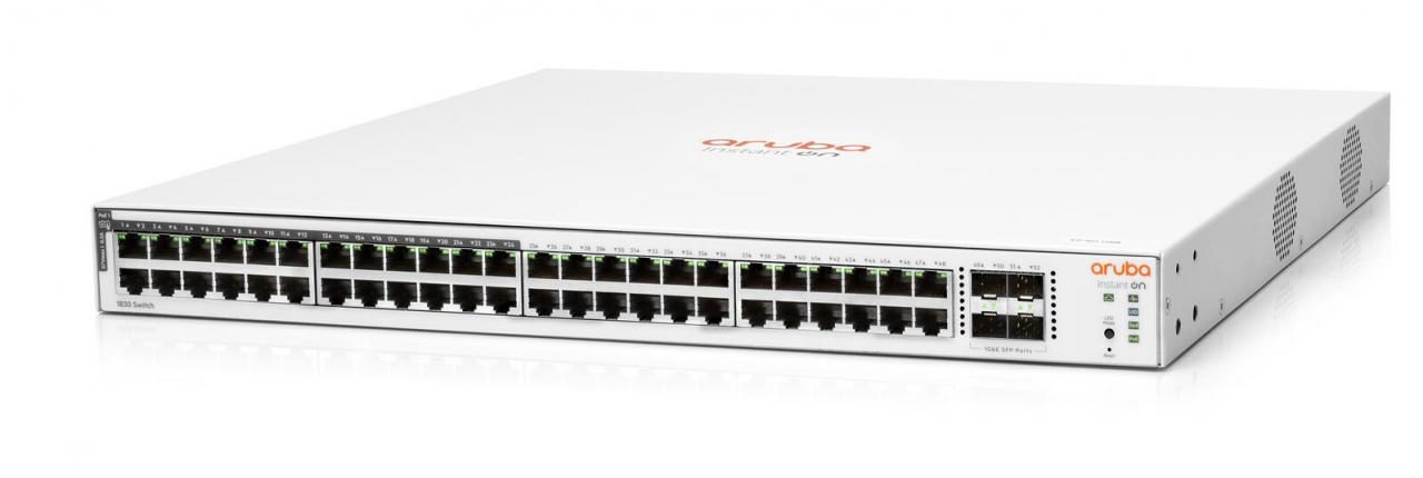 White networking switch with 48 Gigabit Ethernet ports, 24 Power over Ethernet (PoE) ports, and 4 SFP slots, featuring an Aruba logo on top and LED indicators on the front.