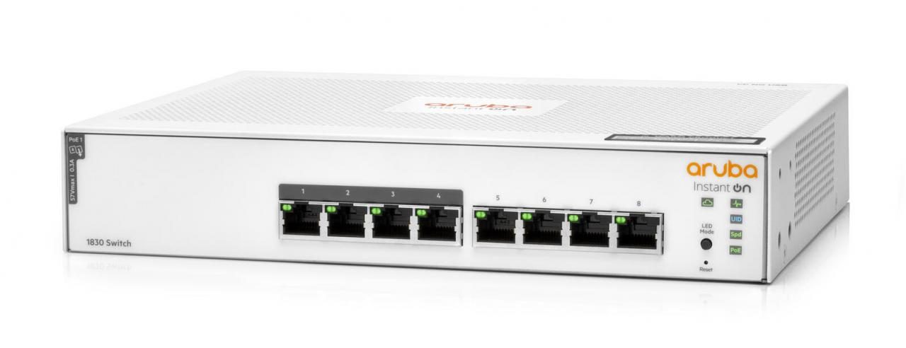 White network switch with eight Ethernet ports, labeled 1 to 8, and four PoE ports, featuring green LED indicators and a textured top with "Aruba Instant On" branding.