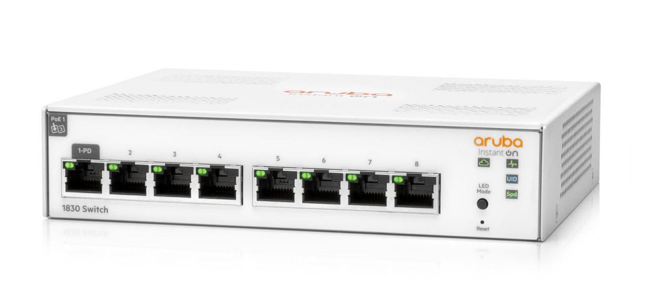White managed L2 Gigabit Ethernet switch with eight green LED ports, labeled 1 to 8, featuring a sleek design and ventilation slots on top, branded with "aruba" and "1830 Switch."