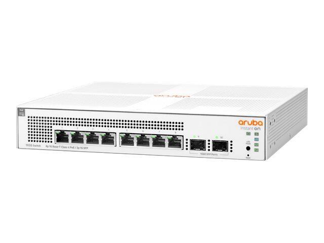 HPE Aruba Instant On 1930 Managed L2+ Gigabit Ethernet switch in white, featuring eight Ethernet ports, two SFP ports, and a sleek, compact design with ventilation grilles.