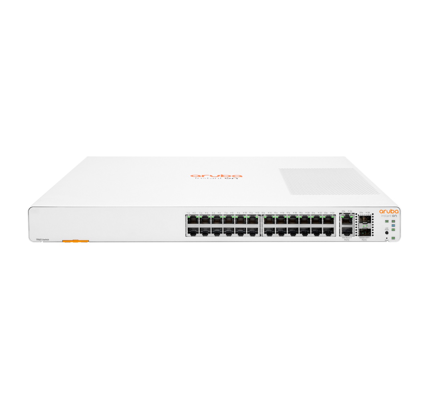 White managed switch with 24 Gigabit Ethernet ports, 2 10-Gigabit SFP+ ports, and a sleek design featuring the Aruba logo in orange on the top surface.