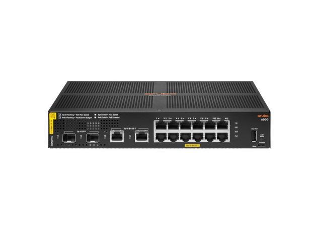 Black HPE Aruba CX 6000 switch featuring 12 Gigabit Ethernet ports, 2 SFP slots, and a 139W power supply, designed for efficient networking and PoE capabilities.