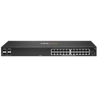 Black HPE Aruba Networking CX 6000 switch with 24 Ethernet ports and 4 SFP ports on a sleek rectangular chassis.