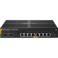 HPE Aruba black network switch with 8 Ethernet ports, 2 SFP ports, and PoE capability, compact and rectangular design.