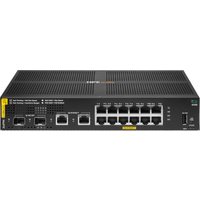 Black HPE Aruba Networking CX 6100 switch with 12 Ethernet ports, 2 SFP+ slots, and LED indicators on front panel.