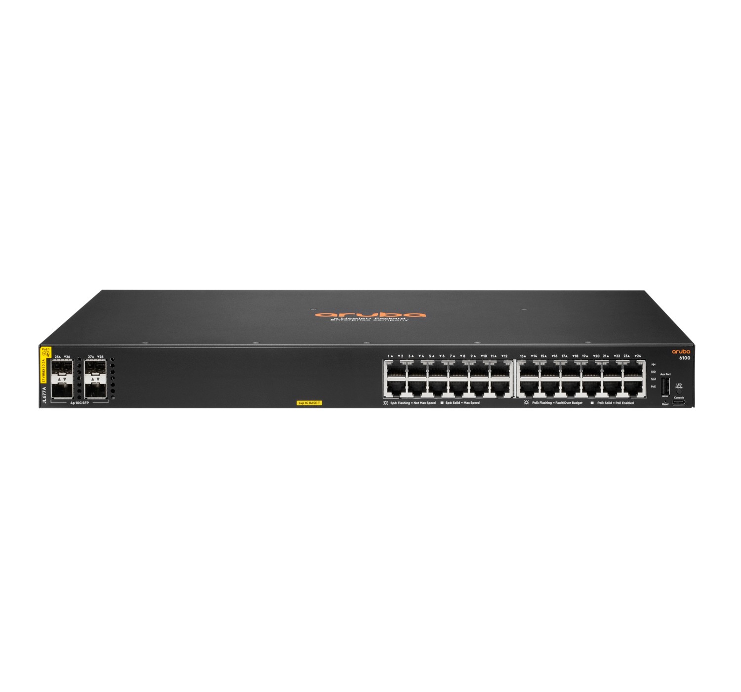 Black managed L3 switch featuring 24 Gigabit Ethernet ports, 4 SFP+ slots, and a 370W power supply, with an orange HPE Aruba logo on the front panel.