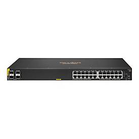 Black HPE Aruba Networking CX 6100 switch with 24 Gigabit Ethernet ports, 4 SFP+ slots, and a 370W power supply, featuring a sleek, flat design suitable for rack mounting.